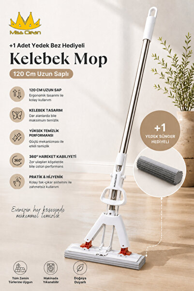 Miss Clean (ВКЛЮЧВА 1 РЕЗЕРВНА КЪРПА) Практична моп с дълга дръжка 120 cm и м...