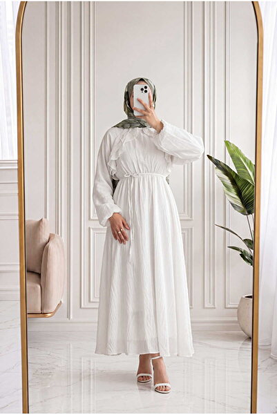 MİHRA STORE Dilgenur Shoulder Ruffle Chiffon Dress-Bn4635 White