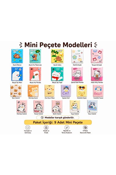 s elsa home 9 paket Mini Karakterli Mini Cep Mendil Seti | Hijyenik Tekli Paket