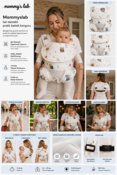 Mommyslab Bebek Ergonomik Pratik Kanguru Taşıyıcı Çok Yönlü Ayarlanabilir Sırt Destekli Konforlu Bahar Renkleri - Kolay Kullanım