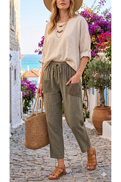 shE tekstil Pantalone od platna sa elastičnim mrežastim pojasom