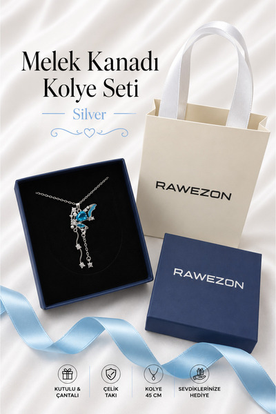 RAWEZON Nerovia Peri Set- Mavi Zirkon Taşlı Çelik Peri Kanadı Kolye Çantalı v...