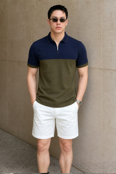 Madmext Tricou pentru bărbați, cu guler polo, cu fermoar, kaki, tricou 5731