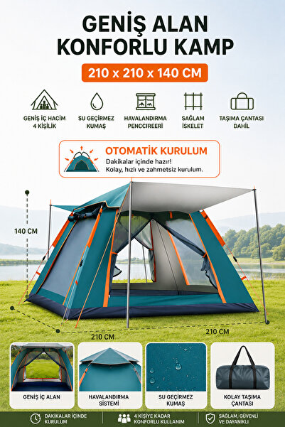 Realx 4 Kişilik Tam Otomatik Tenteli Çift Kapılı Kamp Çadırı 210x210x140
