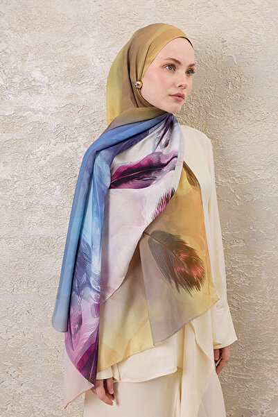 SilkTouch Gold Amber Feather Patterned French Silk Shawl