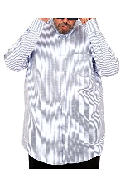 cusseli Plus Size Men's Shirt Long Sleeve Linen Pocket Blue 20384