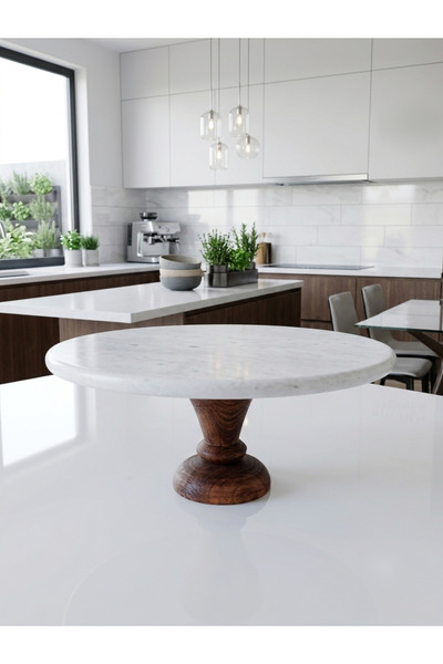 Trend Silver Olmo Natural Marble Round High Wooden Leg Presentation Stand Nat...