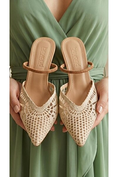 Beyond Women's Beige Knitwear Strappy Pointed Toe Evening Dress Shoes 8.5cm B...