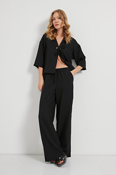 Arma Life Pantaloni largi negri din bumbac cu talie elastică pentru femei