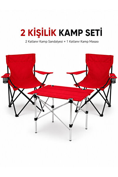 Trendinyeri 2 Kişilik Katlanır Kamp , Plaj Piknik Masa ve Sandalye Seti - Kır...