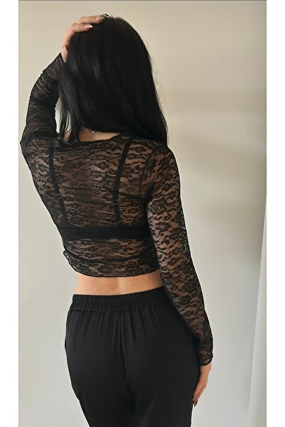 Lacis Чорне мереживне прозоре боді з довгими рукавами
