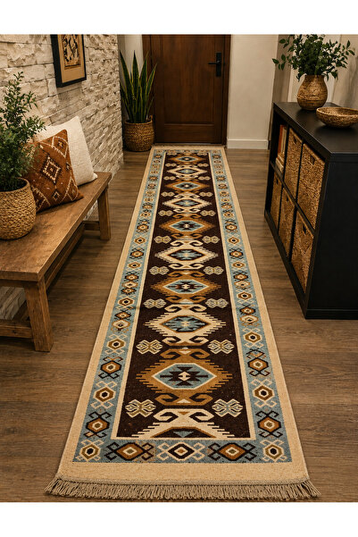 OEMN Covor tradițional, Dimensiune 80 x 250 cm Maro și crem, Model RUSTIC