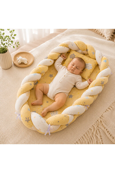 Bebelul Baby nest cocon tricotat galben cu perna si saltea 72x52 cm