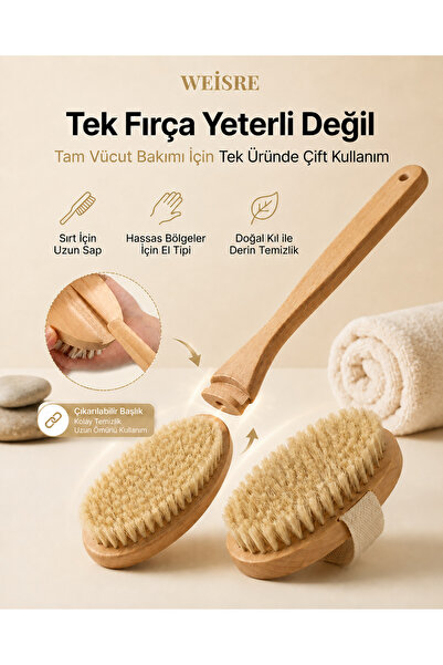 Weisre Doğal Kıl Vücut Fırçası Seti Uzun Saplı ve El Tipi Kuru Fırçalama Selü...