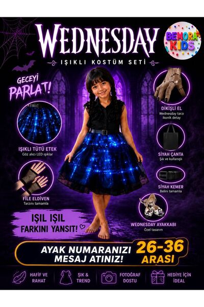 3b kids ışıklı wednesday kostüm elbise + siyah çanta+kemer+el+eldiven +wednes...