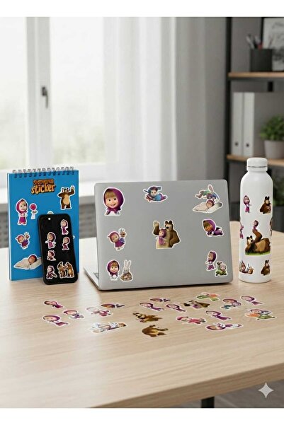 Simirna Tasarım Maşa ile Koca Ayı Sticker Seti 50 Adet Fotoğraf Kağıdı Yüksek...