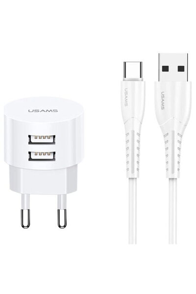 Usams XTXLOGT18TC05 2x Încărcare rapidă USB 10W + Cablu USB la USB Type-C Alb