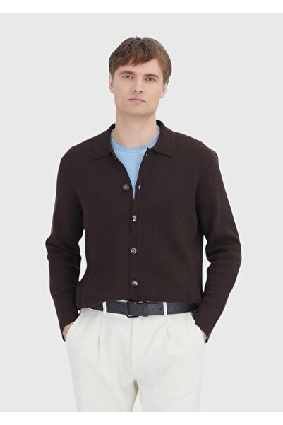 Ramsey Brown Polo Neck Plain Knit Wool Blend Cardigan