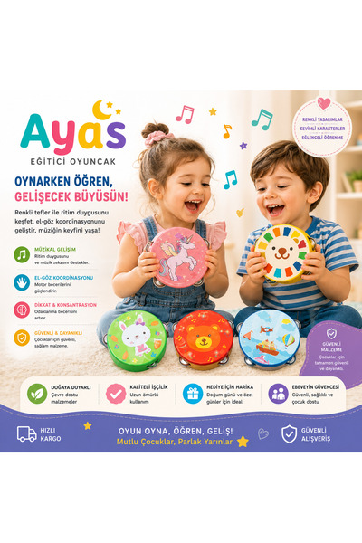 AyasEğiticiOyuncak Minik Orkestram Ahşap Deri Bebek Tefi - Yeni Eğitici Öğret...