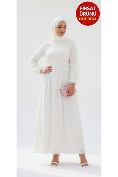 Muslima Wear فستان نسائي من بيرلا بيانكا مزين بالزهور وأزرار لؤلؤية