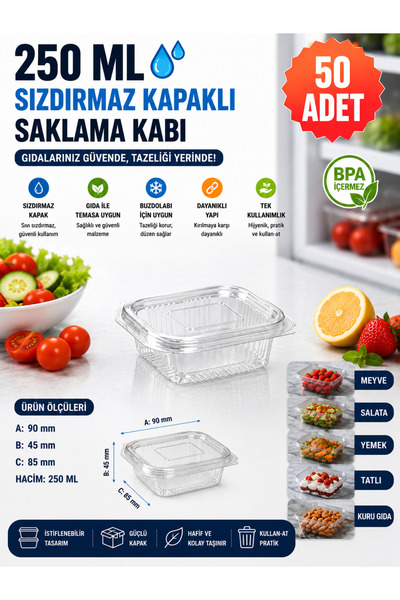 YOK YOK AMBALAJ Plastik Sızdırmaz Kapaklı Kap 250 Gr Cc 50 Adet