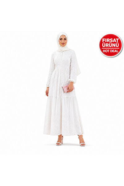 Muslima Wear Perla Bianca Çiçek Desenli Inci Düğme Detaylı Kadın Elbisesi