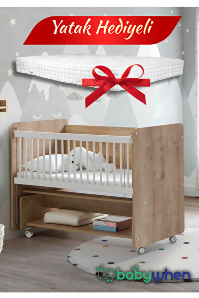 Babywhen Bebek Beşiği Ahşap Anne Yanı Sallanır Tekerlekli + Yatak Hediyeli 60...