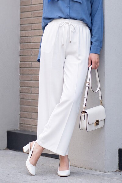 Modamorfo Elastic Waist, Lace Detail, Wide Leg Sofia Linen Look Trousers -White
