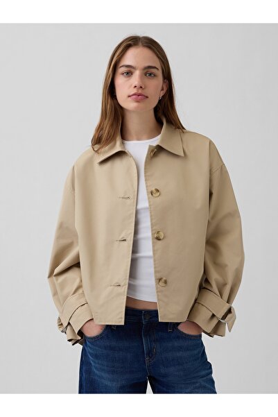 GAP Kadın Bej Oversized Crop Trençkot Ceket