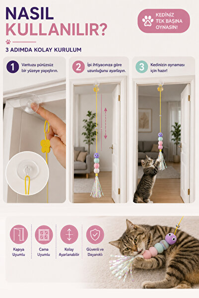 COZY SENSE Çıngıraklı Kedi Oyuncağı Yapışkanlı Kedi Oyun Oltası Renkli Ponponlu Oyuncak Zıplayan Top