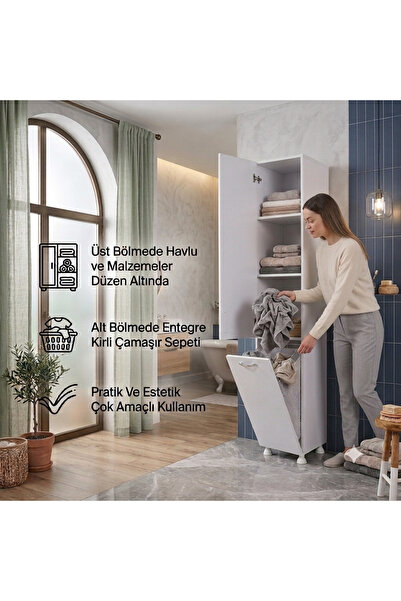 Nesse Shop Kirli Sepetli Çamaşır Banyo Dolabı Düşer Kapaklı Dolap