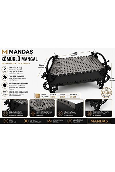 Mandaş Yapboz Kömürlü Mangal 54x31x35 cm - 2 mm Kalın Çelik - Elektrostatik B...