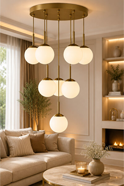 VENON FERİS 10'lu Sarkıt ESKİTME Metal Avize Beyaz Glop Camlı E27 Duy, Dekoratif Aydınlatma || Sarkıt Avize Camlı Avize Tepsi 50 Cm Ayarlabilir Kablo || Salon Avizesi Merdiven Boşluğu Galeri Boşluk