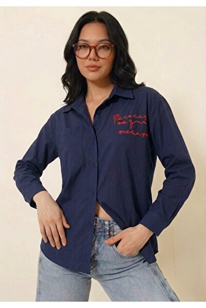 EsSo butik Women's Embroidery Detailed Poplin Fabric Oversize Shirt (with Tex...