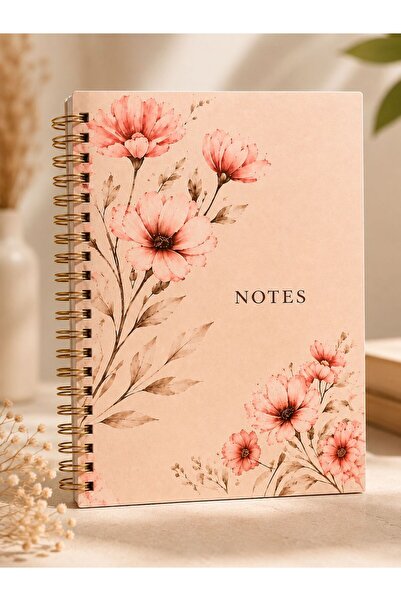 NİORE Floral Patterned Gold Spiral A5 Notebook 120 Pages