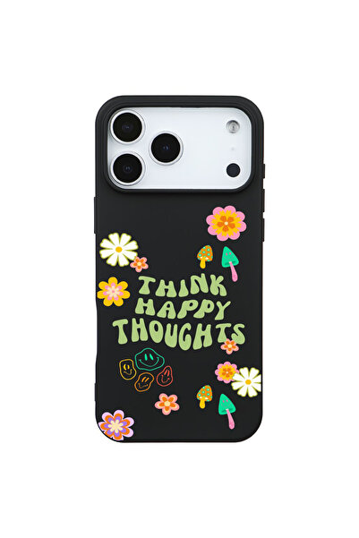 Casen iPhone 17 Pro Max Siyah Think Happy Renkli Silikon Kılıfı