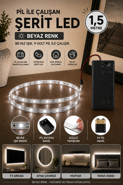 Beyaz Pırıltı Beyaz Renk Pil Ile Çalışan Şerit Led 1,5 Metre Pilli Şerit Led ...