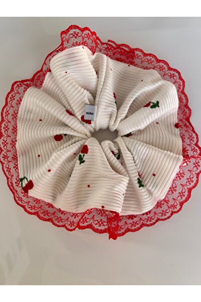 OIA Atelier Large Cherry White Red Lace Detailed Lace Scrunchie Elastic Hair Tie