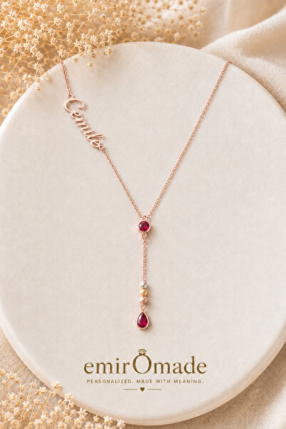 emirOmade 925 Ayar Gümüş Kişiye Özel İsimli Doğum Taşlı Y Kolye Gold Rose Ren...