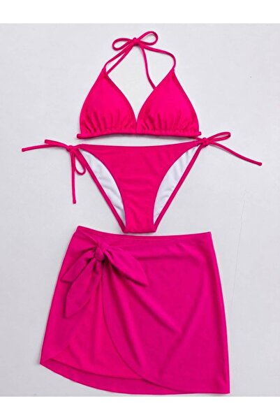 VAJESTO Women's Fuchsia 3-Piece Triangle Bikini Set with Halter Neck, Drawstr...