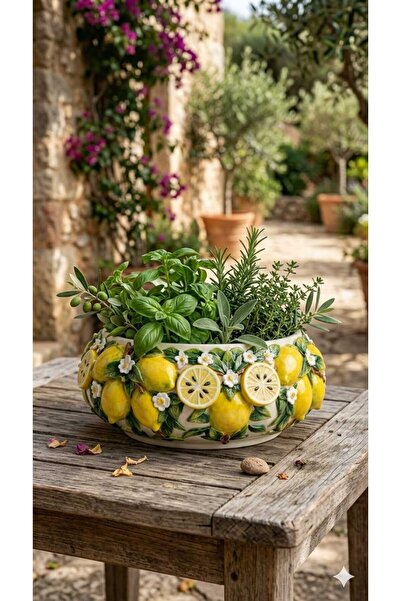Dekoromi Dekoratif Limon Figürlü Çanak Dekoratif Kase Biblo Obje Saksı 38x15cm