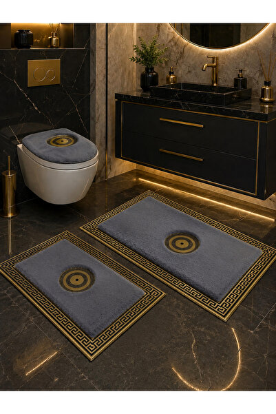 SANCAK DERİ HALI Luxury Gold Detailled Anthracite Bathroom Mat Set