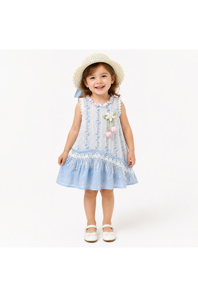 nannie Rochie albastră Miriam pentru fete cu broderie florală - 6-7 ani