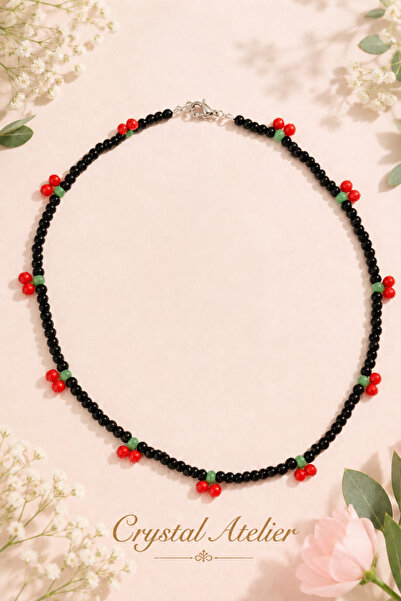 Crystal Atelier Black Beaded Cherry Pendant Handmade Colorful Women's Necklace