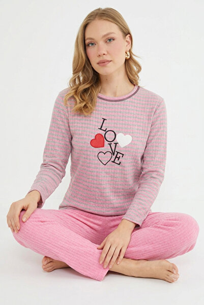 Fulla Moda Love Embroidered Crew Neck Pajama Set