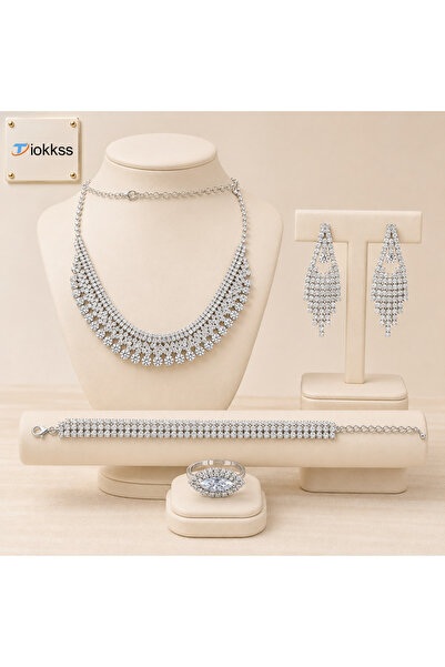 Tiokkss 5-Piece Women Rhinestone Jewelry Set, Silver Tone Crystal-Look Statem...