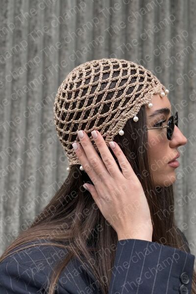 The Champ Clothing Kadın Örgü File Şapka Pearl Veil Bej – İnci Detaylı Şık Saç Aksesuarı
