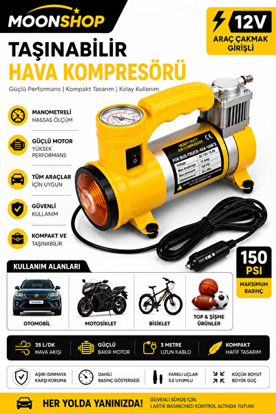 MOONSHOP Yeni Seri Çelik Gövde Pistonlu 12 V 145 Psi Dakikada 80 Lt Araç Arab...