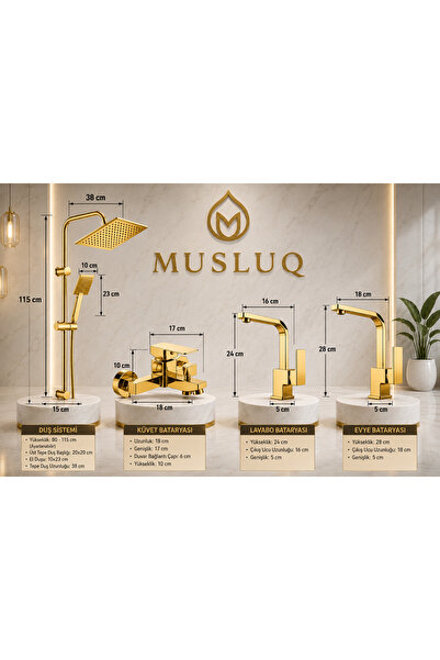 RocciArmatur 4’lü Batarya Seti Gold Altın Pirinç Banyo Bambu Lavabo Kare Mutf...