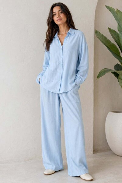 Madmext Mavi Basic Kadın Gömlek Pantolon İkili Takım Mg2352